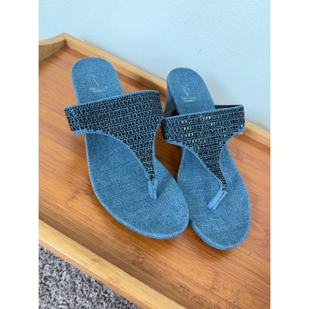 Simply Vera Vera Wang Blue Denim Rhinestone Wedge Sandals Slides Womens 8.5 M